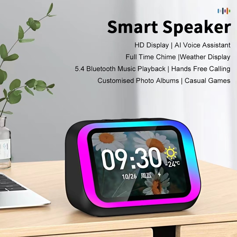 Smart Home Room - KI-Sprachassistent Bluetooth-Lautsprecher mit RGB-Farbbeleuchtung, Wecker, LED-Bildschirm,